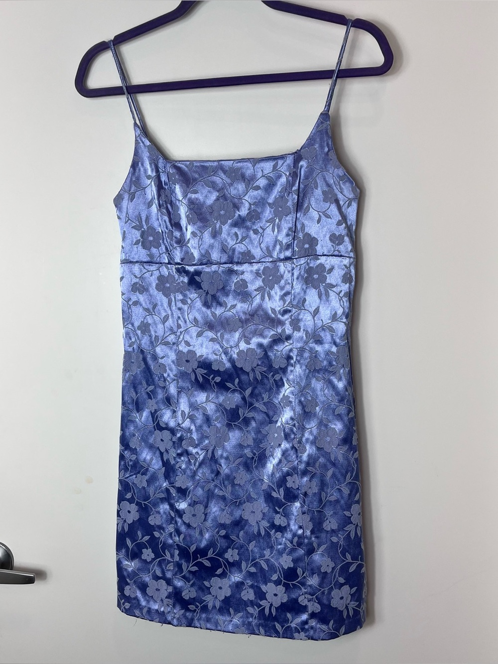 VTG Y2K Periwinkle Floral Jacquard Mini Dress Lavender Blue Slip Spaghetti Strap